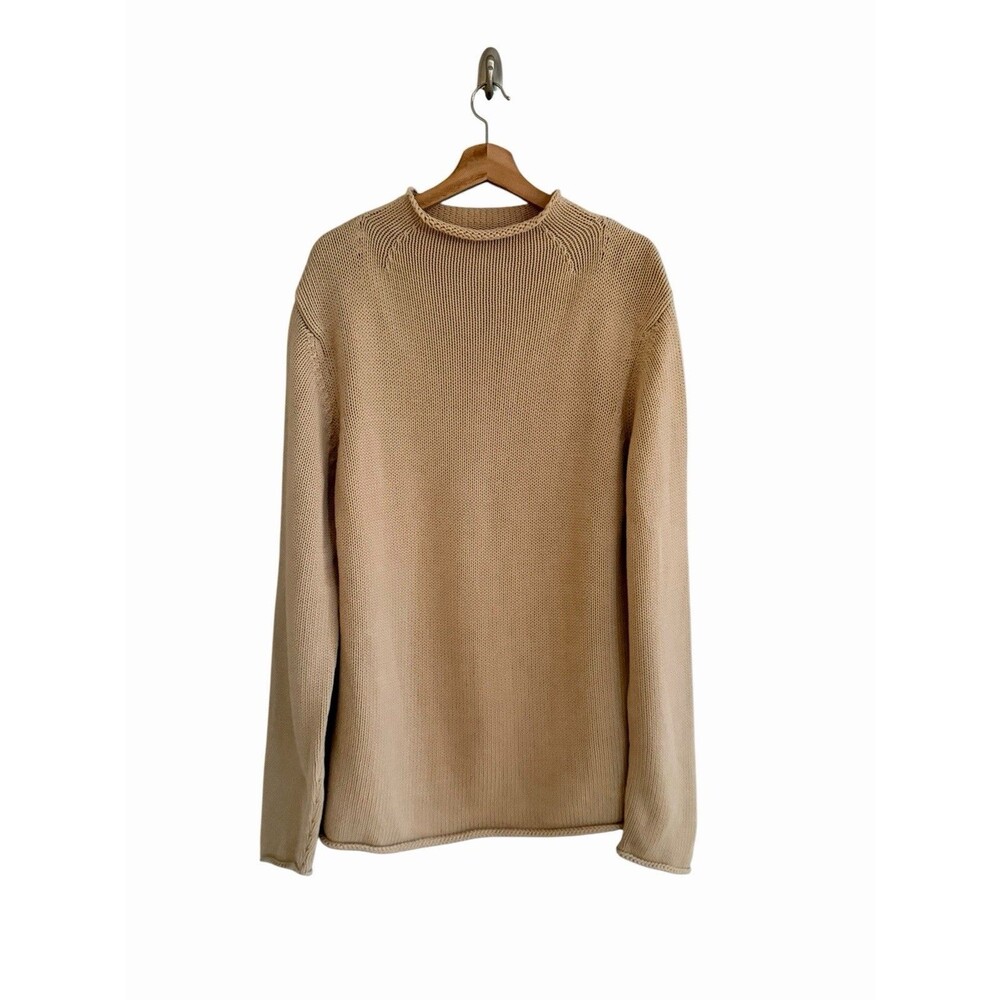 Vintage J Crew Mens Cotton Rollneck Sweater Size XLT Fisherman Chunky Knit Tan